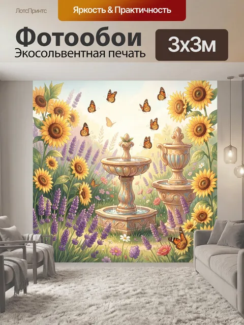 Фотообои Подсолнухи, лаванда и бабочки