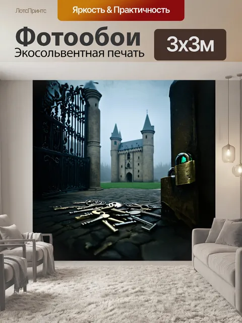 Фотообои на фоне утреннего тумана стоит массивный замок с изысканными карнизами и высокими башнями
