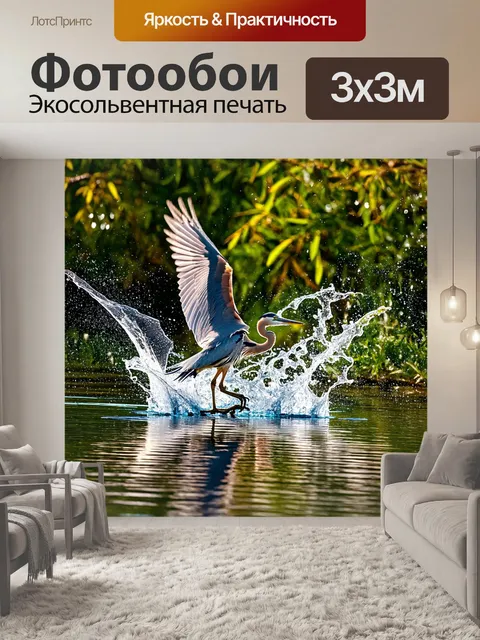 Фотообои цапля, ловко ныряющая в озеро, брызги воды разлетаются вокруг, а солнечный свет проникает сквозь густую…