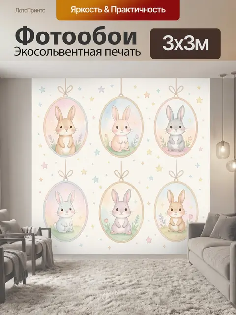 Фотообои Зайчики в овале с звёздами