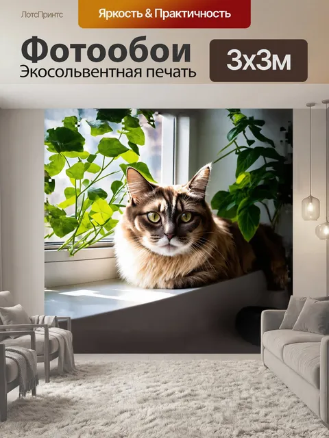 Фотообои невская маскарадная кошка удобно устроилась на стильном подоконнике, обрамлённом зелеными растениями
