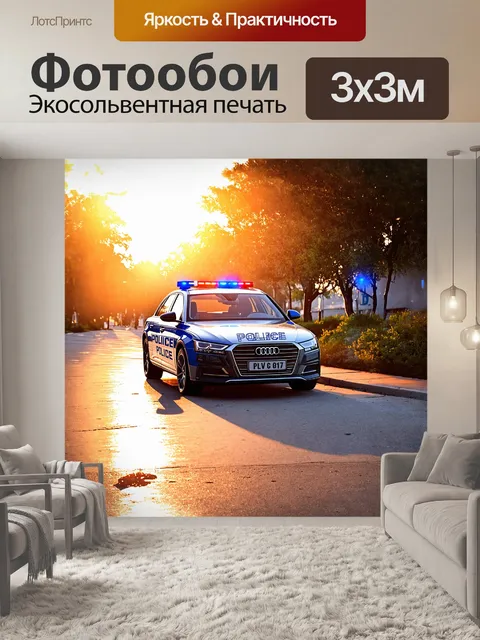 Фотообои полиция на страже закона, автомобиль стоит на обочине дороги