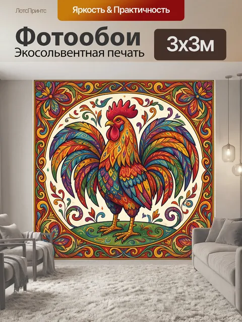 Фотообои Яркий петух в цветочном узоре
