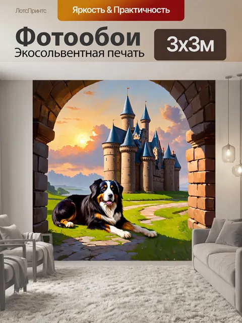 Фотообои средневековый замок на фоне заката с бернским зенненхундом, который отдыхает у подножия стен