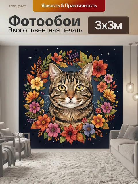Фотообои Кот в венке из цветов