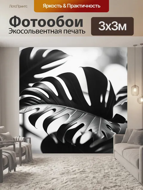 Фотообои с листьями монстеры чернобелый