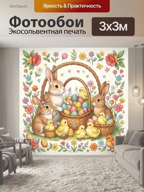 Фотообои Зайцы и пасхальные яйца в корзинах