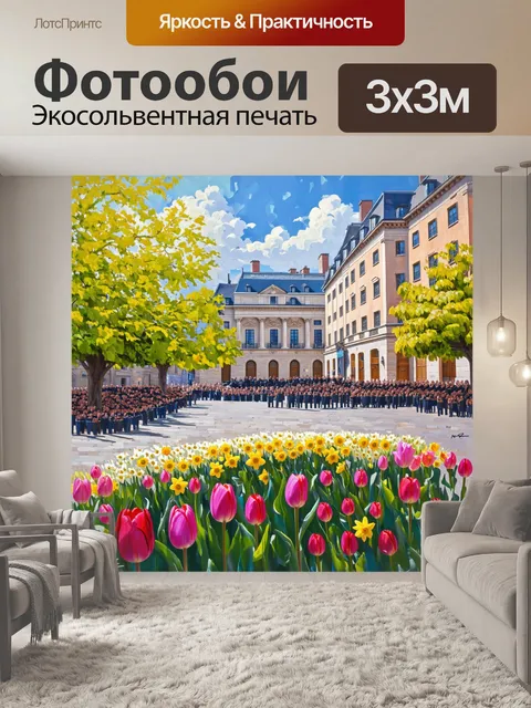 Фотообои симфония весенних цветов на площади, где цветут тюльпаны и нарциссы перед историческими зданиями
