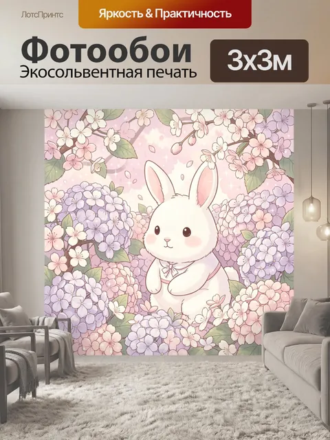 Фотообои Белый кролик среди цветов