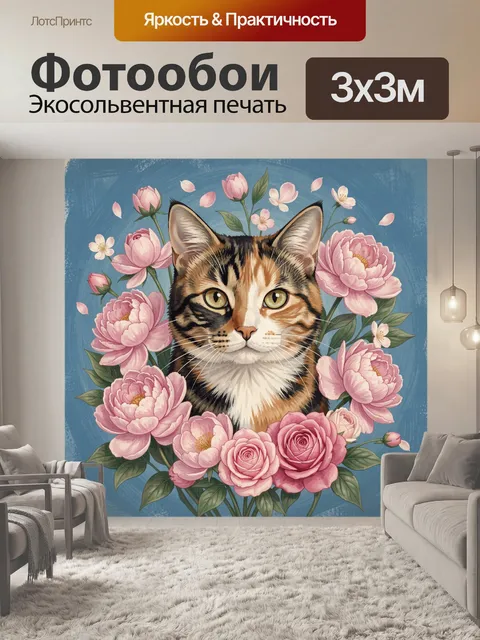 Фотообои Кот в цветочном венке пионы