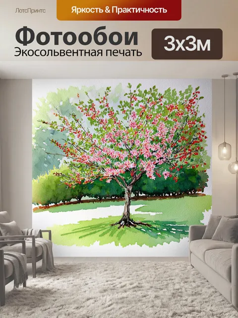 Фотообои нежные цветы на весеннем дереве оживляют пейзаж, а тонкие листья постепенно распускаются