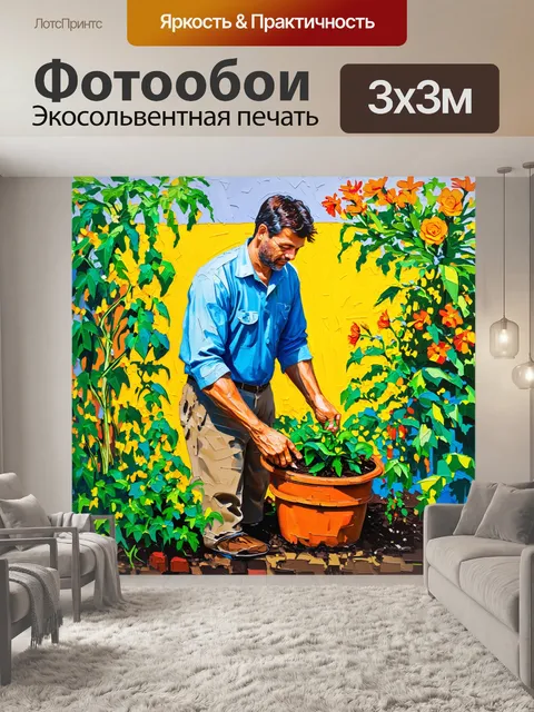 Фотообои экспрессивная акриловая живопись, изображающая садовода, ухаживающего за цветами в своем саду