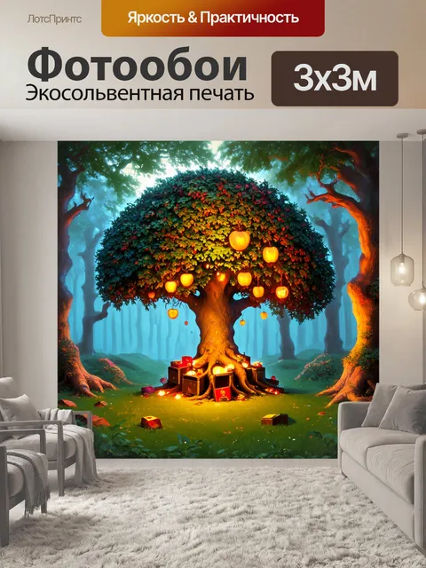 Фотообои в сказочном лесу, где деревья шепчут свои секреты, растет волшебное дерево с сияющими плодами