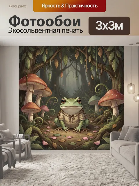 Фотообои Лягушка в лесу среди грибов