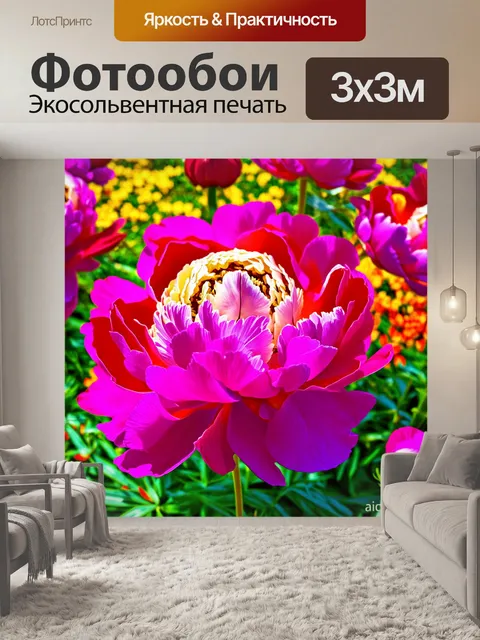 Фотообои пионы, изображенные в абстрактном стиле, с яркими цветами и необычными формами, создающими динамичную…