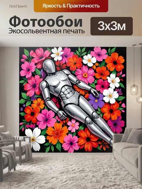 Фотообои Робот среди ярких цветов