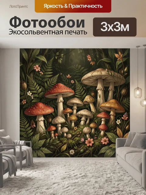 Фотообои Лесные грибы и полевые цветы