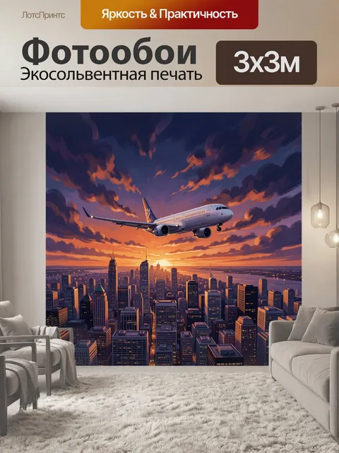 Фотообои Авиалайнер над мегаполисом на закате