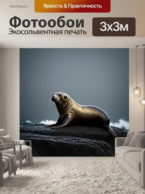 Фотообои животные в стиле нуар, морской котик, покоящийся на скале, его очертания см blurred due to fog and dark waves