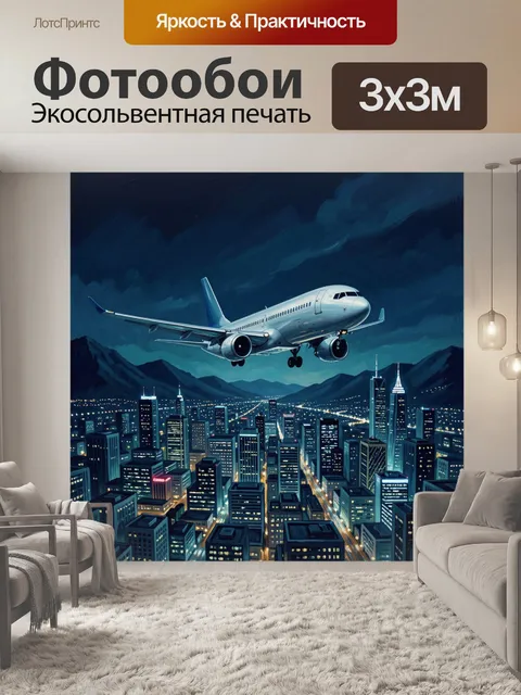 Фотообои Самолёт над ночным мегаполисом