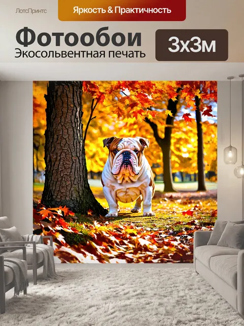 Фотообои английский бульдог в стильном толчке к дереву, окруженный осенними листьями, яркими и разноцветными
