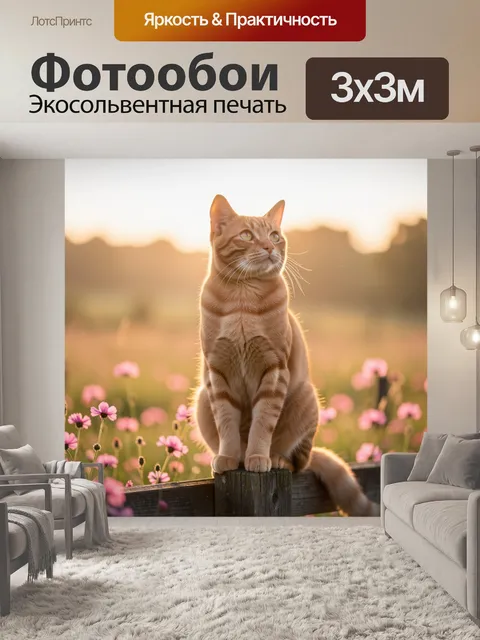 Фотообои Рыжий кот в цветущем поле