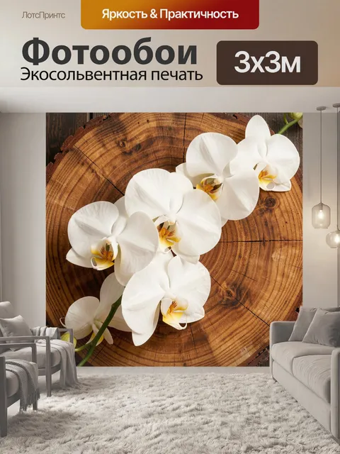 Фотообои Белые орхидеи на древесном срезе
