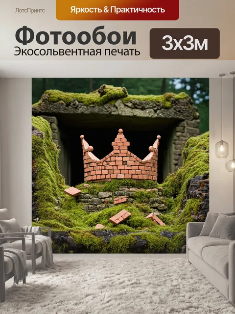 Фотообои корона из кирпичей, растерянных в руинах древнего замка, с мхом и ветками деревьев, создающая дикий пейзаж…