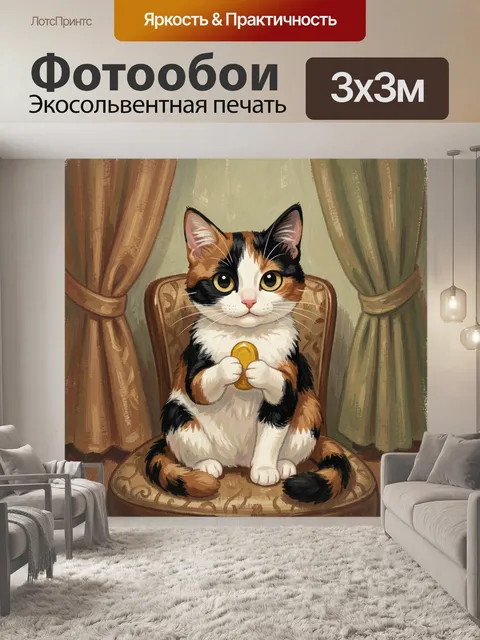 Фотообои Трехцветный кот с золотой игрушкой