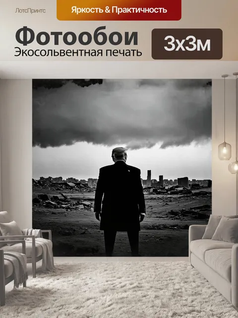 Фотообои дональд трамп, запечатленный в момент размышлений на фоне разрушенного города, который заранее явно пережил…