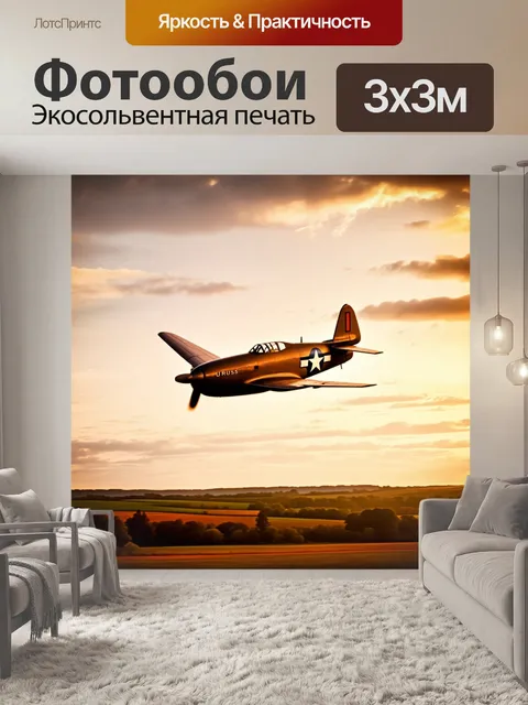 Фотообои ретро-самолет, летящий над живописной природой в теплых тонах заката