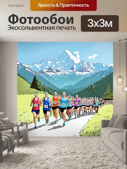 Фотообои марафон, организованный на фоне величественных гор, участники преодолевают трудности трассы, окруженные…