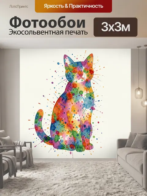 Фотообои Акварельный кот с брызгами красок