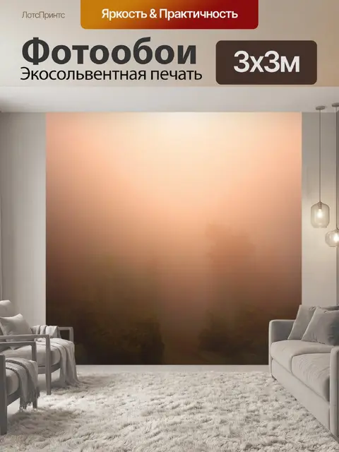 Фотообои туман в стиле минимализм, солнечный свет, пробивающийся сквозь густые слои тумана, придающий теплую атмосферу