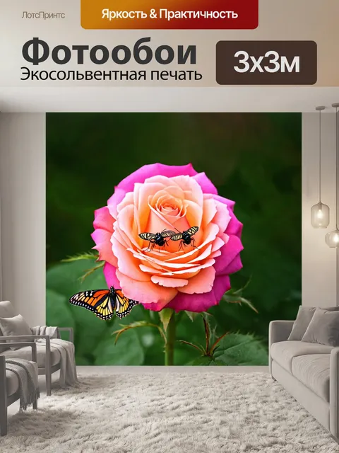 Фотообои розы с изображением бабочек и насекомых