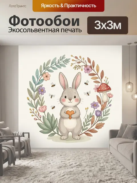 Фотообои Зайчик с сердечком и цветами