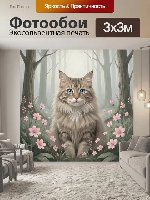 Фотообои Пушистый кот среди цветов