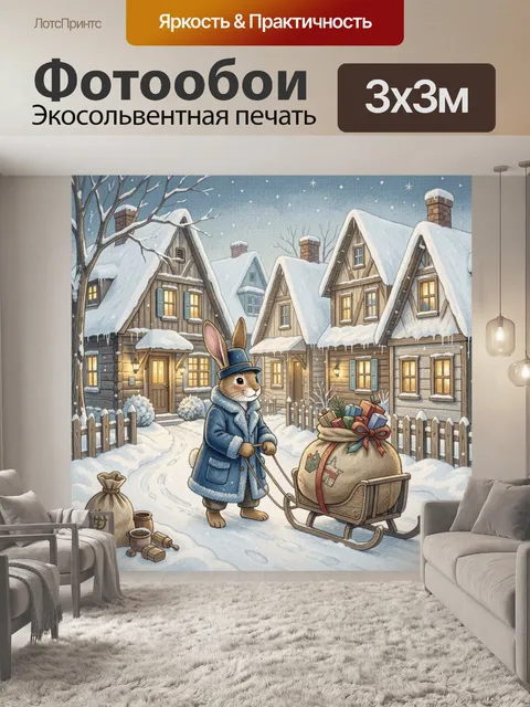Фотообои Кролик с санями и подарками