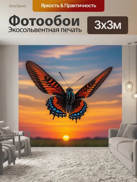 Фотообои бабочка в полете на фоне заката