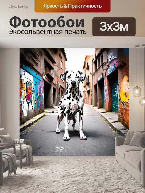 Фотообои черно-белый далматинец стоит на городской улице с graffiti на стенах