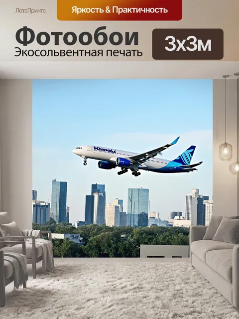 Фотообои самолет, выполняющий посадку на фоне роста городской застройки, современный стиль