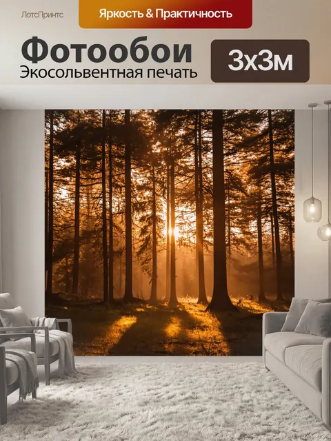 Фотообои лес в стиле сепия, вечерний закат, свет заполняет лес, создавая красочные тени и загадочную атмосферу