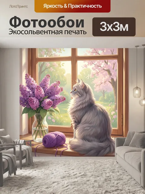 Фотообои Серый кот у окна с сиренью