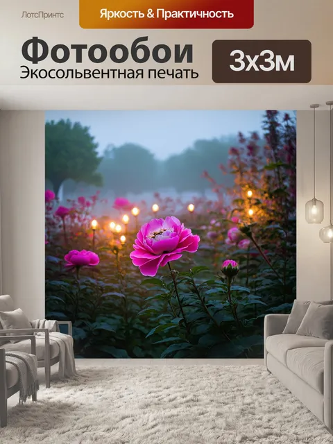Фотообои сад, покрытый утренним туманом, где цветут яркие розовые пионы, с легким, элегантным освещением