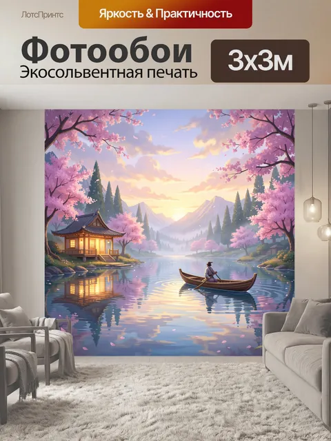 Фотообои Японский пейзаж с сакурой и лодкой