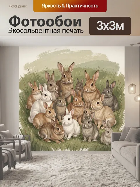 Фотообои Стая кроликов на зеленом лугу