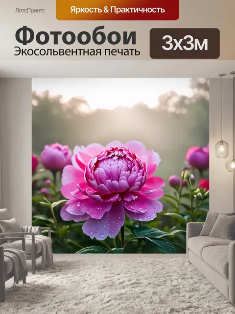 Фотообои пионы в нежном утреннем тумане, с каплями росы на лепестках и солнечными лучами, пробивающимися сквозь облака