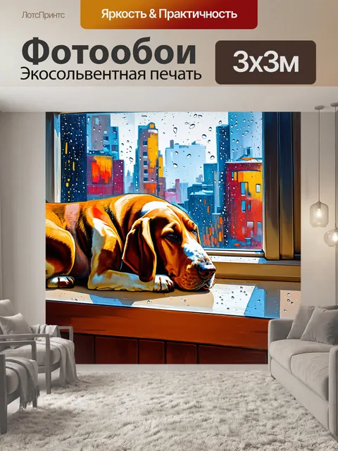 Фотообои мимолетный момент: бассет-хаунд, мирно спящий на подоконнике с видом на дождливый город
