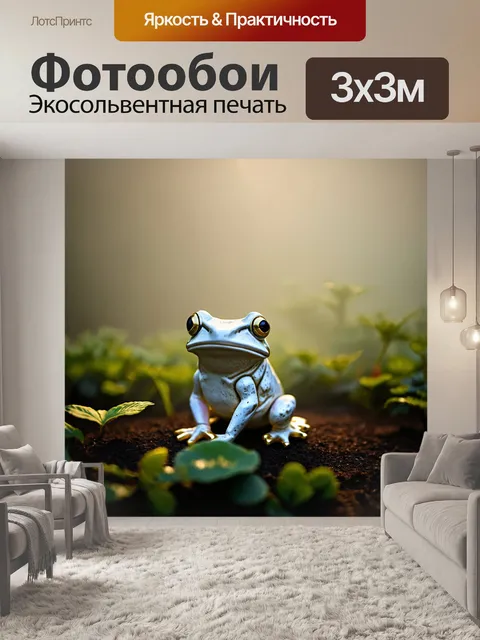 Фотообои на фоне утреннего тумана в саду стоит фигурка жабы