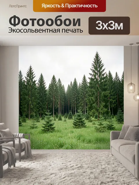 Фотообои Хвойный лес и зеленая поляна
